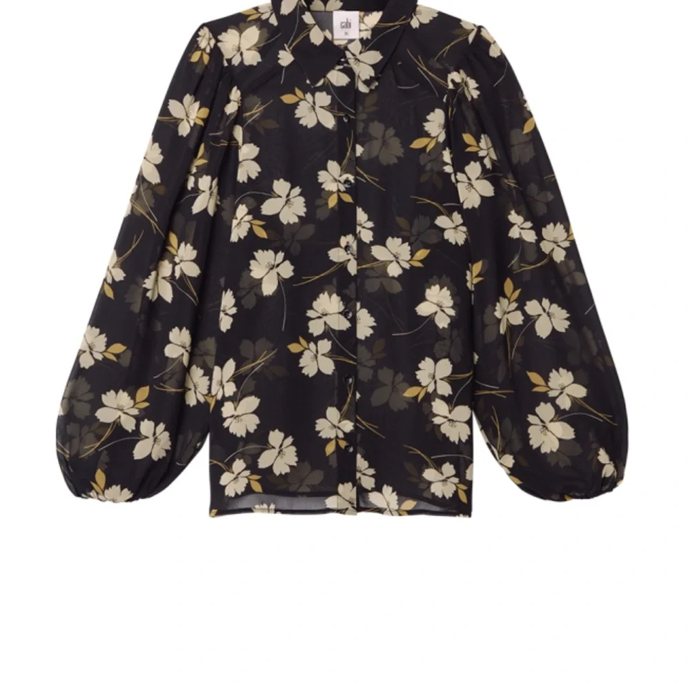 CAbi Black and White Floral Sheer Blouse with Notched Collar - Picture 4 of 6